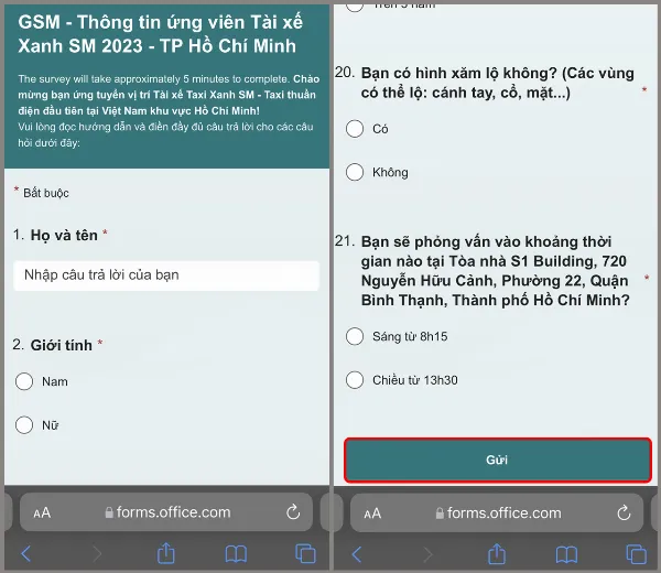 Điền đầy đủ thông tin vào mẫu đăng ký trực tuyến của Taxi Xanh SM