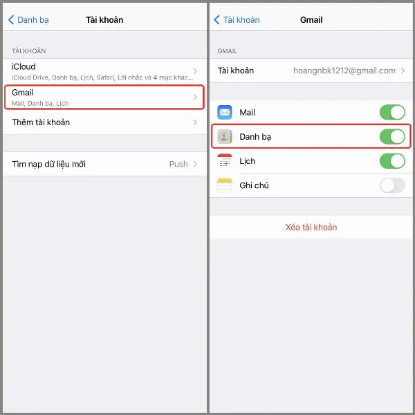 Điện thoại iPhone hiển thị tùy chọn bật Danh bạ trong phần cài đặt tài khoản Gmail
