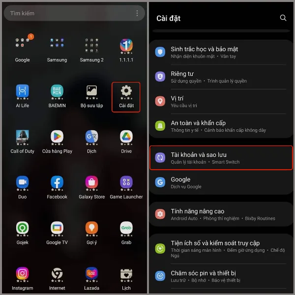 Điện thoại Samsung hiển thị màn hình cài đặt với tùy chọn Tài khoản và sao lưu