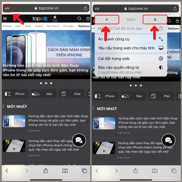 Điều chỉnh cỡ chữ bằng nút aA trên thanh địa chỉ Safari