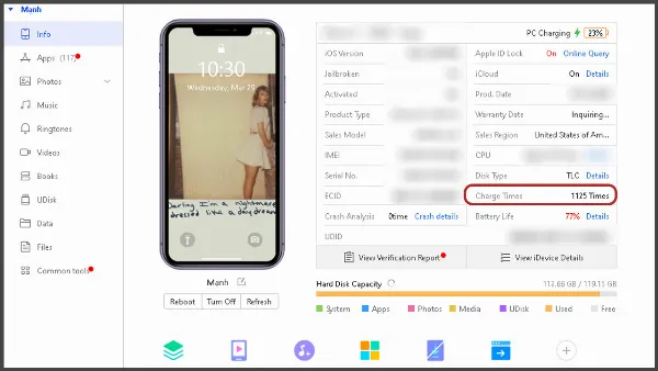 Giao diện 3uTools hiển thị thông tin iPhone, bao gồm Charge Times và Battery Life