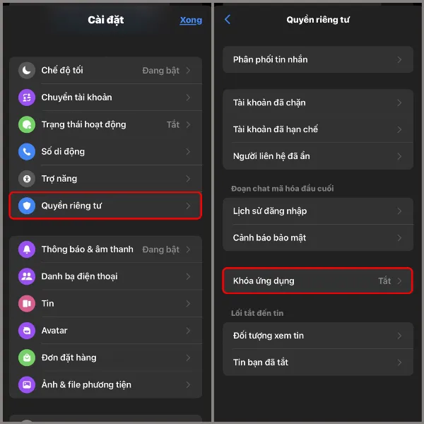 Giao diện cài đặt Messenger, mũi tên chỉ đến mục Quyền riêng tư & an toàn, sau đó là giao diện Quyền riêng tư & an toàn với mũi tên chỉ đến mục Khóa ứng dụng