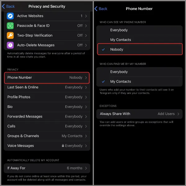 Giao diện cài đặt Số điện thoại trên Telegram, với tùy chọn Không ai cả được chọn để ẩn số điện thoại