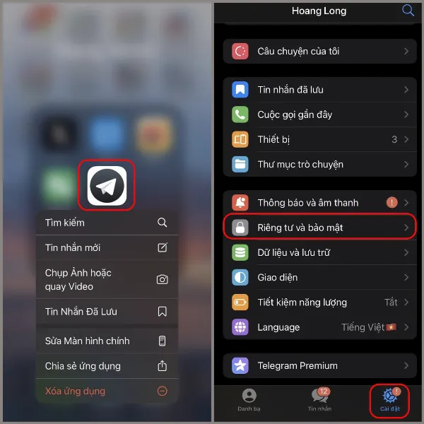 Giao diện cài đặt ứng dụng Telegram trên điện thoại