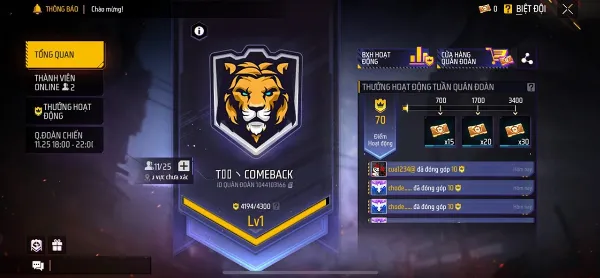 Giao diện chính của game Free Fire với biểu tượng Quân Đoàn được đánh dấu