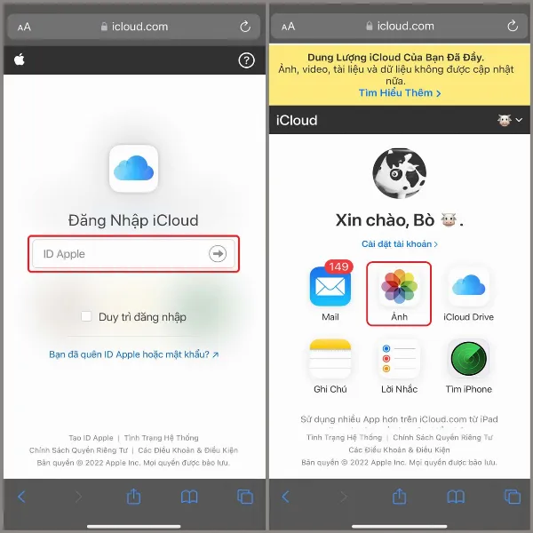 Giao diện chính của iCloud sau khi đăng nhập và chọn mục Ảnh