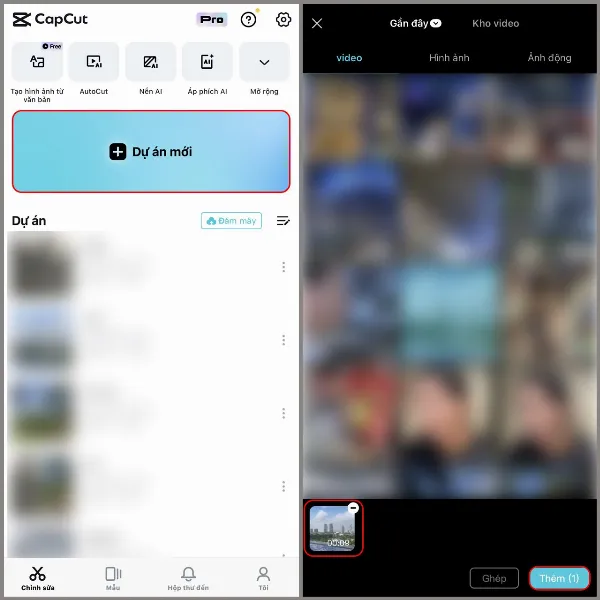 Giao diện chính của ứng dụng CapCut, hiển thị nút Dự án mới và danh sách các dự án đã tạo