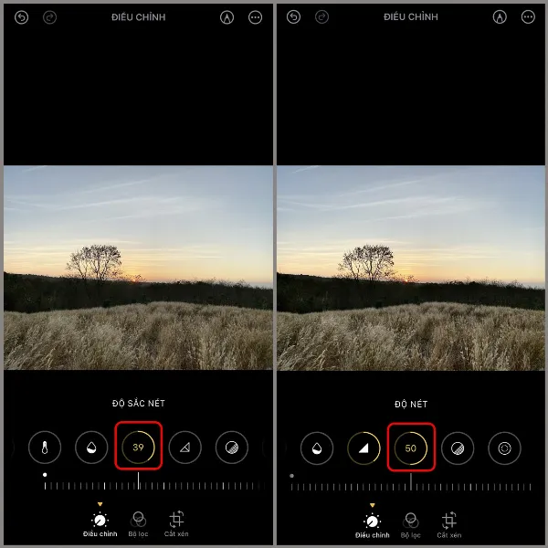 Giao diện chỉnh sửa ảnh trên iPhone, đang hiển thị thanh điều chỉnh Độ Sắc Nét và Độ Nét