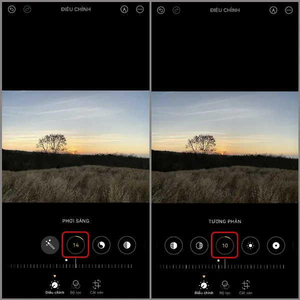 Giao diện chỉnh sửa ảnh trên iPhone, đang hiển thị thanh điều chỉnh Phơi Sáng và Tương Phản