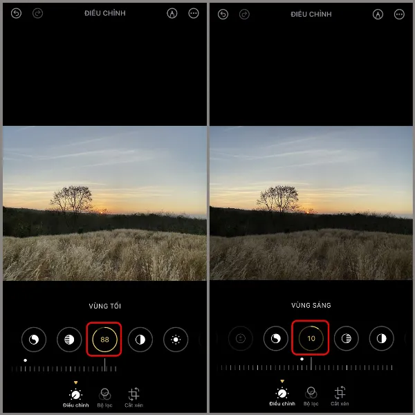 Giao diện chỉnh sửa ảnh trên iPhone, đang hiển thị thanh điều chỉnh Vùng Tối và Vùng Sáng