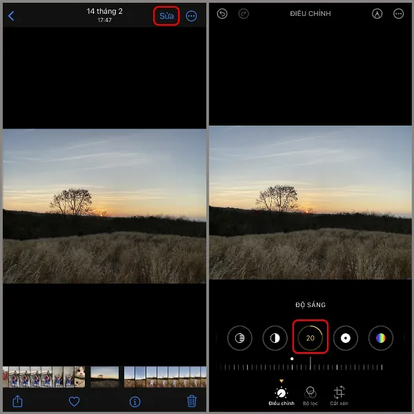 Giao diện chỉnh sửa ảnh trong ứng dụng Ảnh trên iPhone, đang hiển thị thanh điều chỉnh Độ Sáng