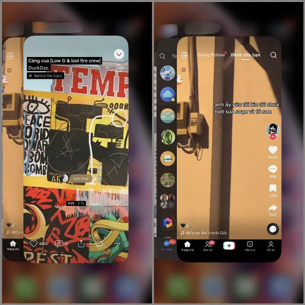 Giao diện đa nhiệm trên iPhone với các ứng dụng đang mở, người dùng đang vuốt lên để tắt một ứng dụng nghe nhạc