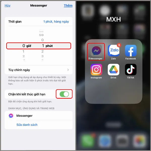 Giao diện đặt thời gian giới hạn cho Messenger, mũi tên chỉ đến tùy chọn 1 phút và nút gạt bật Chặn khi kết thúc giới hạn, màn hình chính iPhone với biểu tượng Messenger bị mờ đi