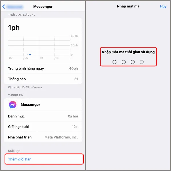 Giao diện giới hạn sử dụng Messenger, mũi tên chỉ đến nút Thêm giới hạn và yêu cầu nhập mật mã thời gian sử dụng