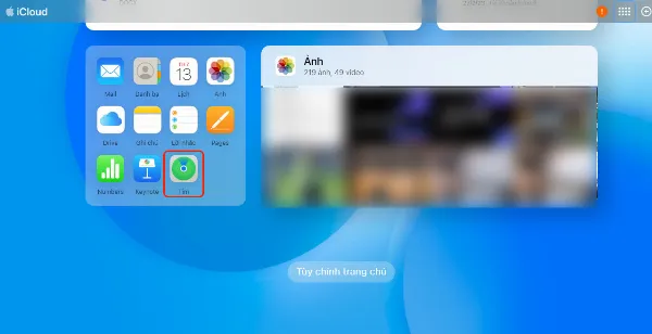 Giao diện iCloud sau khi đăng nhập, với các biểu tượng ứng dụng, nổi bật là "Tìm iPhone"