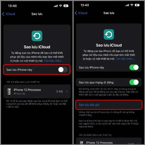 Giao diện iPhone hiển thị tùy chọn Sao lưu bây giờ trong phần Sao lưu iCloud