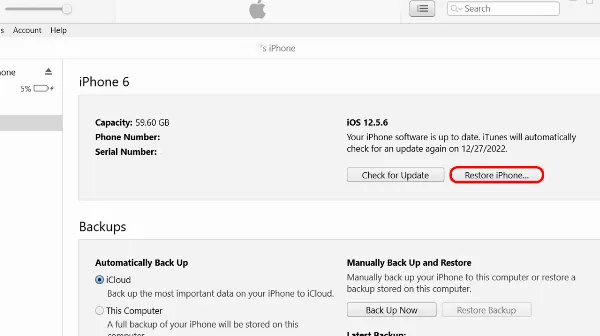 Giao diện iTunes hiển thị nút Restore iPhone