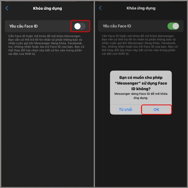 Giao diện Khóa ứng dụng, mũi tên chỉ đến nút gạt bật tính năng Yêu cầu Face ID và thông báo xác nhận sử dụng Face ID