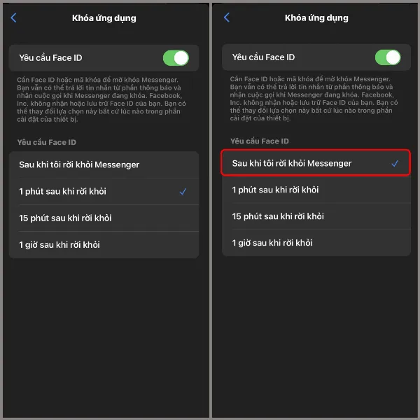 Giao diện Khóa ứng dụng, mũi tên chỉ đến tùy chọn Sau khi tôi rời khỏi Messenger