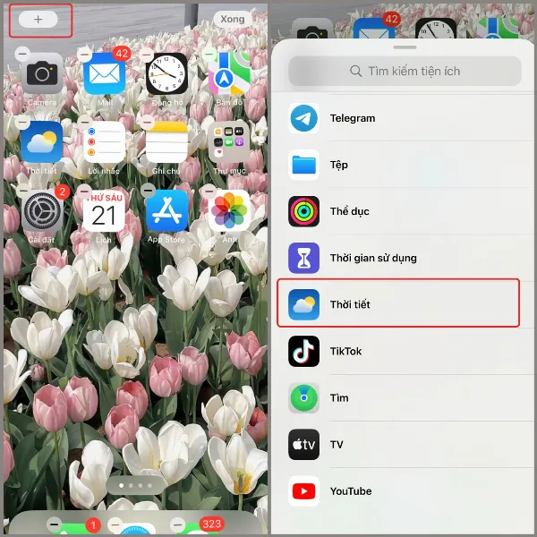 Giao diện màn hình chính iPhone và nút thêm tiện ích