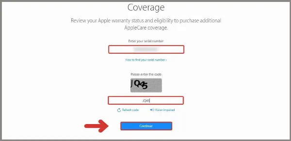 Giao diện nhập mã IMEI và mã xác nhận trên website Apple