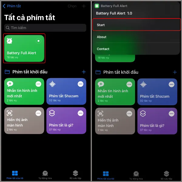 Giao diện phím tắt Tự động báo thức khi sạc đầy pin và nút Start trên iPhone