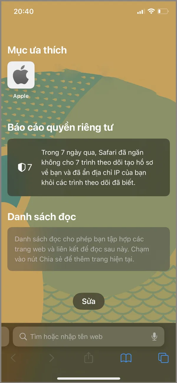 Giao diện Safari sau khi được thay đổi hình nền
