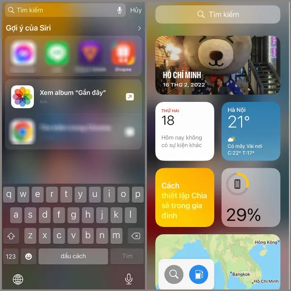 Giao diện Spotlight Search khi vuốt xuống từ màn hình chính (trái) và vuốt sang trái đến trang Today View (phải) trên iPhone
