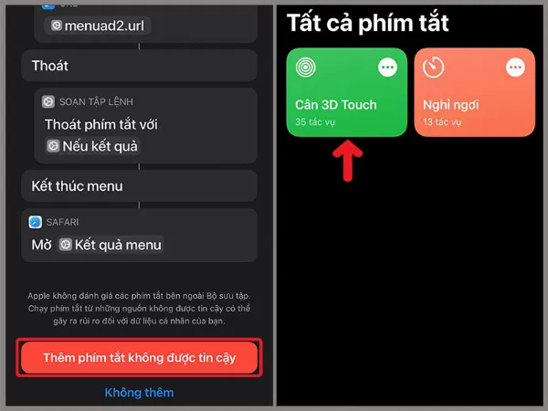 Giao diện thêm phím tắt Cân 3D Touch