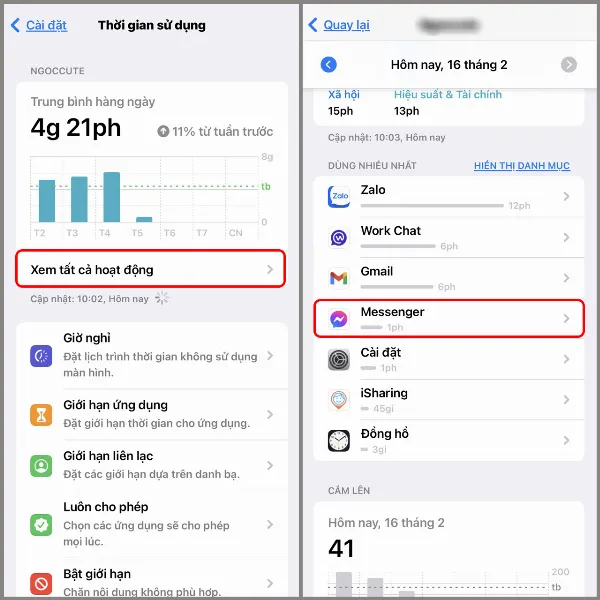 Giao diện Thời gian sử dụng, mũi tên chỉ đến mục Xem tất cả hoạt động và danh sách ứng dụng với mũi tên chỉ đến ứng dụng Messenger