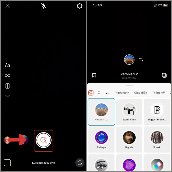 Giao diện thư viện hiệu ứng Instagram với biểu tượng kính lúp tìm kiếm