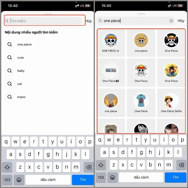 Giao diện tìm kiếm filter Instagram theo tên