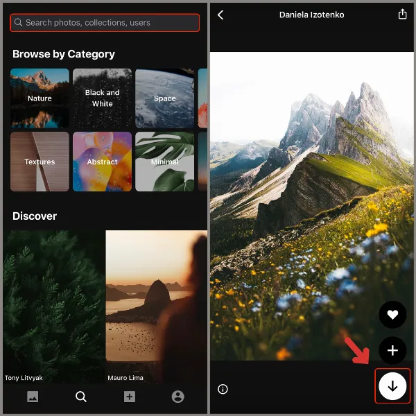 Giao diện tìm kiếm hình ảnh 4K trên ứng dụng Unplash, hiển thị nút tải xuống