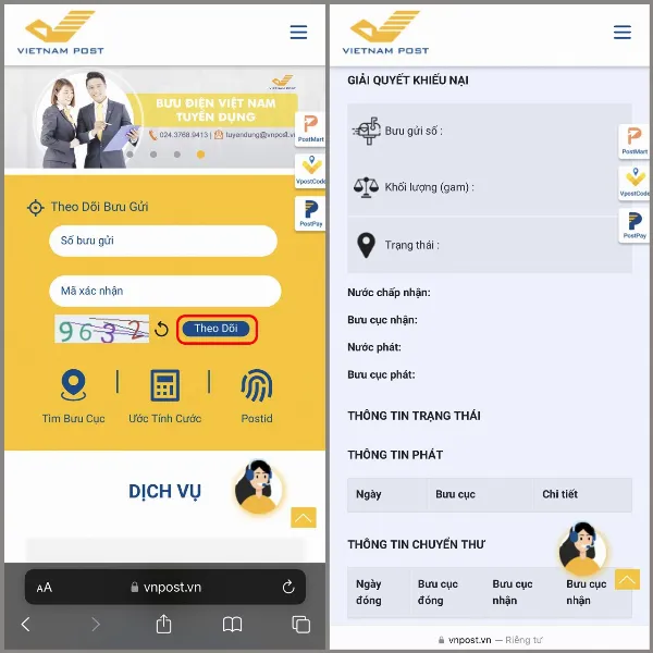 Giao diện tra cứu đơn hàng trên website VNPost với các ô nhập thông tin