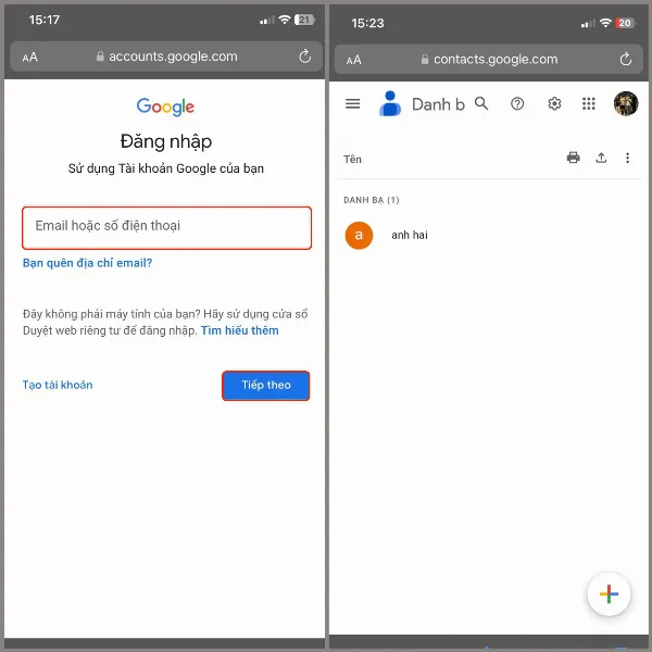 Giao diện trang web Google Contacts hiển thị danh sách các liên hệ