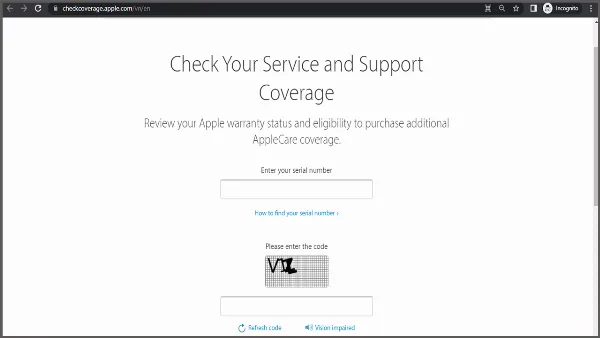 Giao diện trang web kiểm tra tình trạng bảo hành của Apple