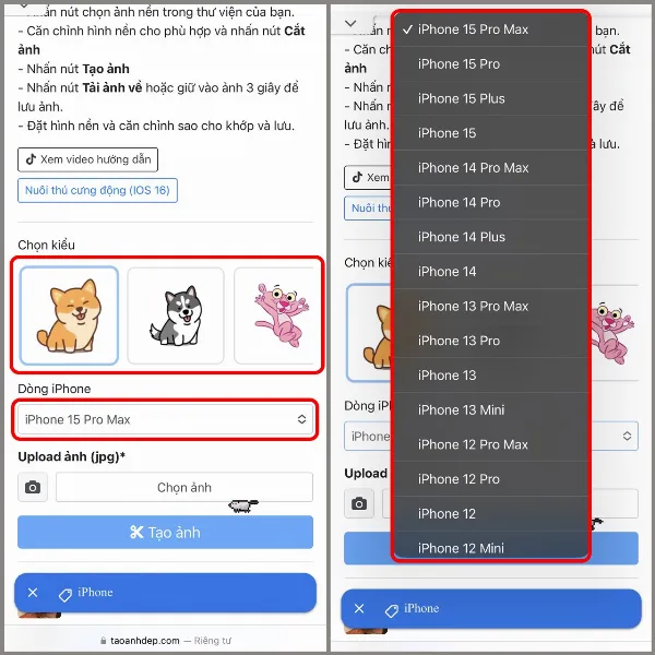 Giao diện trang web tạo hình nền thú cưng, với các tùy chọn về kiểu thú cưng và dòng iPhone