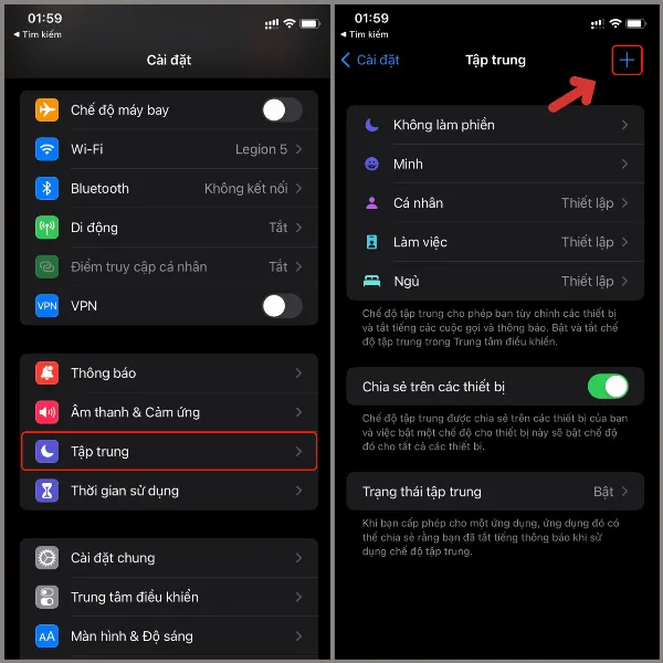 Mách bạn cách chỉnh màn hình khoá iOS 16 theo giờ vô cùng thú vị, giúp chiếc điện thoại luôn được tươi mới 2 Giao diện ứng dụng Cài đặt trên iPhone, hiển thị danh sách các tùy chọn cài đặt, trong đó có mục "Tập trung"