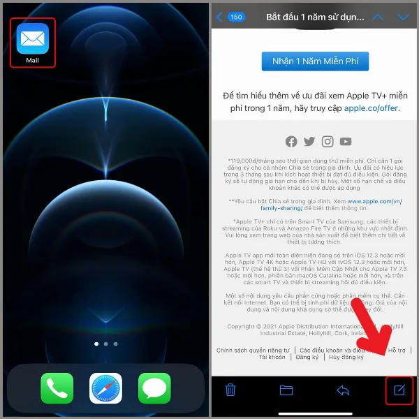 Giao diện ứng dụng Mail trên iPhone, nhấn vào biểu tượng soạn thư mới
