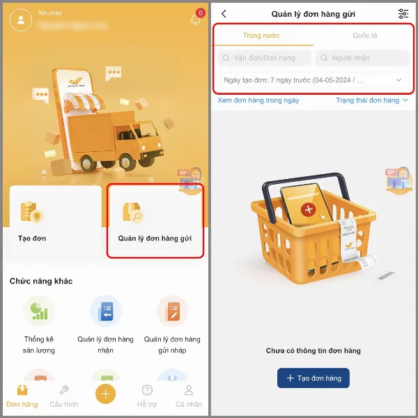 Giao diện ứng dụng My VNPost với các tùy chọn tra cứu đơn hàng