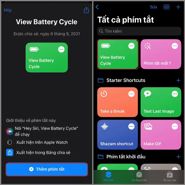 Giao diện ứng dụng Phím tắt với phím tắt View Battery Cycle đã được thêm