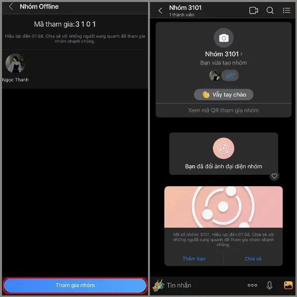 Giao diện Zalo hiển thị nút Tham gia nhóm sau khi nhập mã số tạo nhóm offline