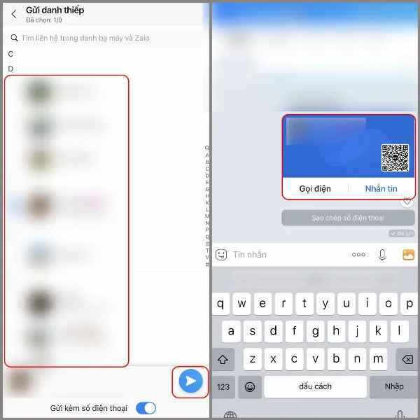Gửi danh thiếp Zalo