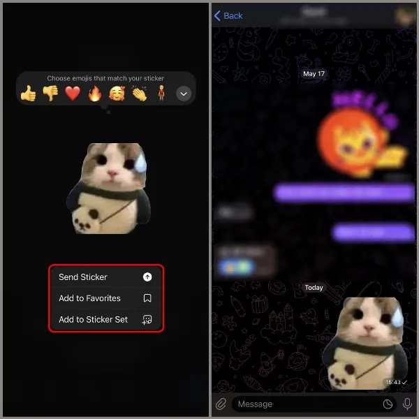 Cách tạo Sticker trên Telegram, tăng thêm sự sinh động và vui vẻ cho những cuộc trò chuyện 5 Gửi hoặc lưu trữ sticker Telegram vừa tạo.