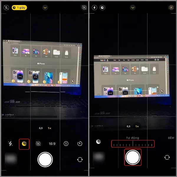 Hình ảnh cận cảnh thanh công cụ trong ứng dụng Camera trên iPhone, làm nổi bật biểu tượng Night Mode (mặt trăng khuyết) và thanh trượt điều chỉnh thời gian phơi sáng