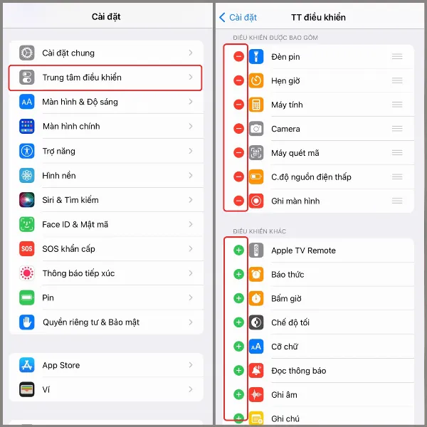 Hình ảnh giao diện Cài đặt Trung tâm điều khiển trên iPhone, hiển thị danh sách các điều khiển có thể thêm hoặc bớt.