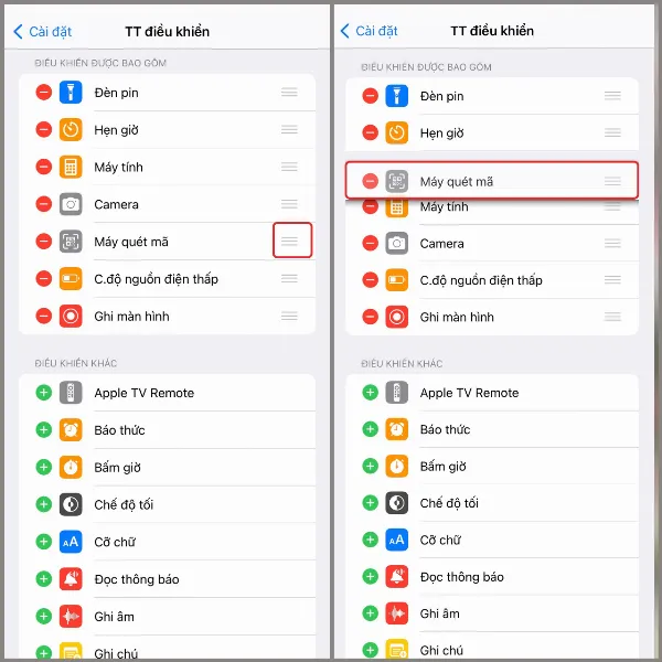 Hình ảnh giao diện Cài đặt Trung tâm điều khiển trên iPhone, hiển thị tùy chọn "Truy cập bên trong ứng dụng".