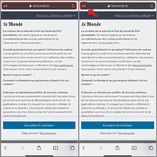 Hình ảnh hướng dẫn chọn biểu tượng aA trên thanh địa chỉ Safari