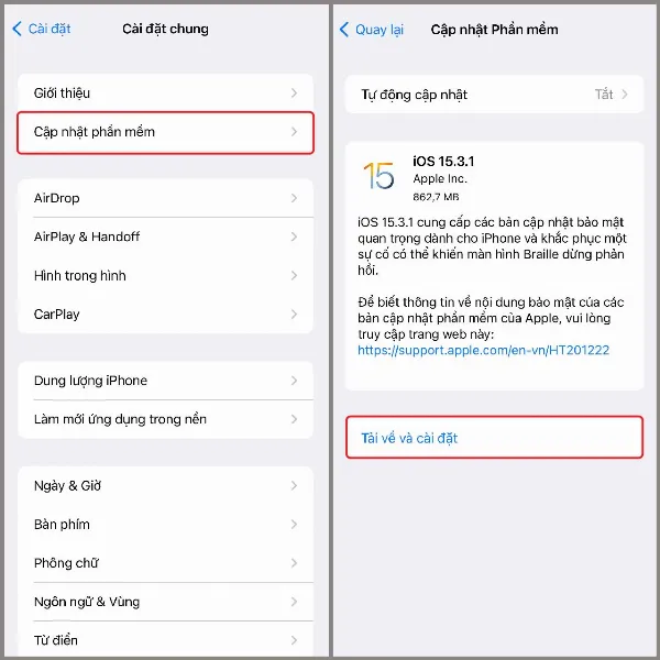 Hình ảnh hướng dẫn từng bước cập nhật phần mềm trên iPhone, từ mở Cài đặt, chọn Cài đặt chung, đến Cập nhật phần mềm và cuối cùng là Tải về và cài đặt