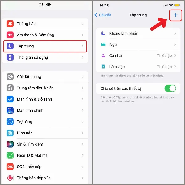 Hình ảnh iPhone hiển thị các bước thiết lập chế độ Tập trung, giúp người dùng cá nhân hóa trải nghiệm